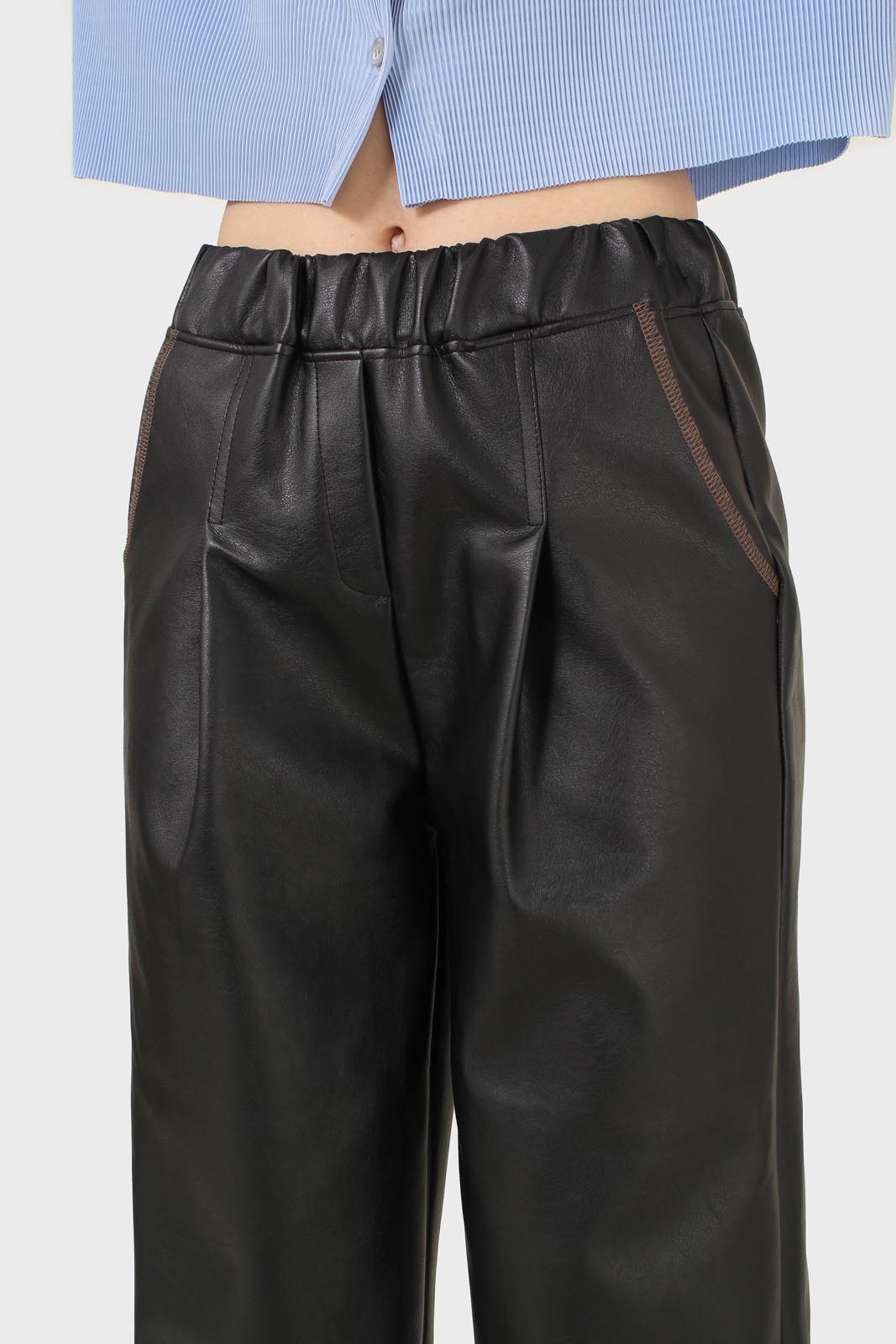 Black vegan leather contrast stitch trousers_6