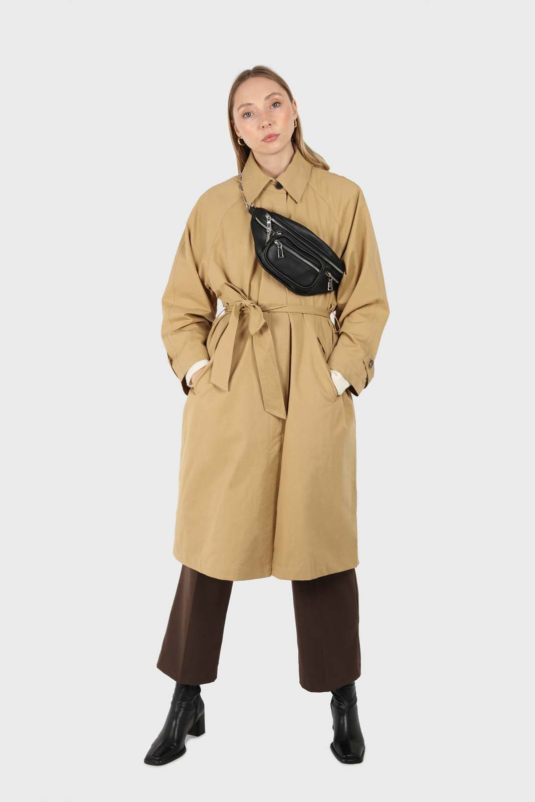 Dark beige single breasted hidden button trench coat_1