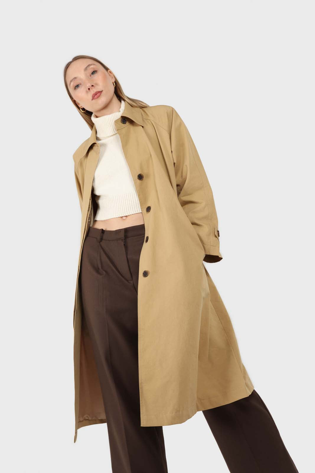 Dark beige single breasted hidden button trench coat_6