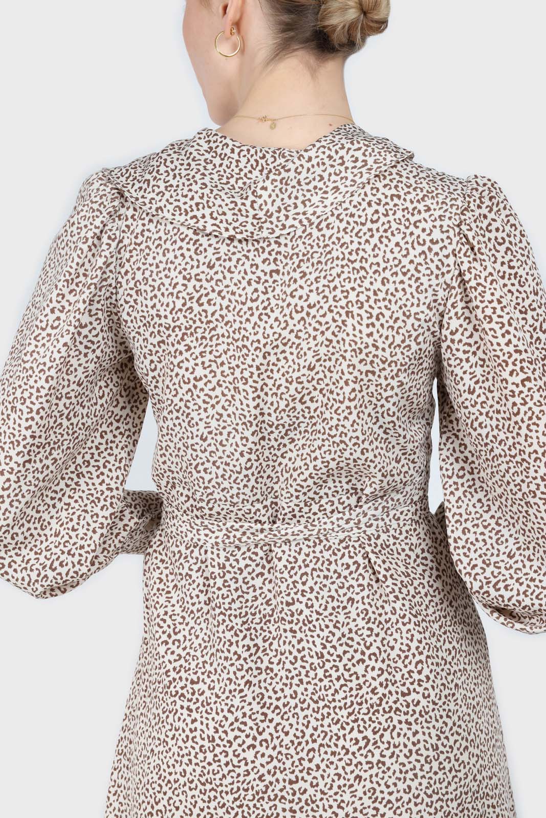 Ivory and brown animal print ruffle trim wrap dress_3