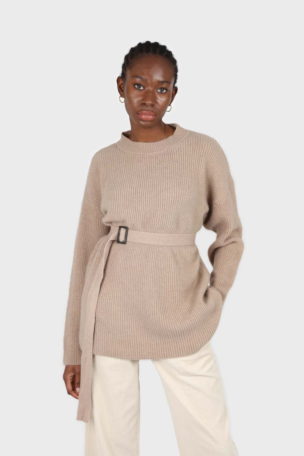 Beige wool blend belted oversized jumper_1