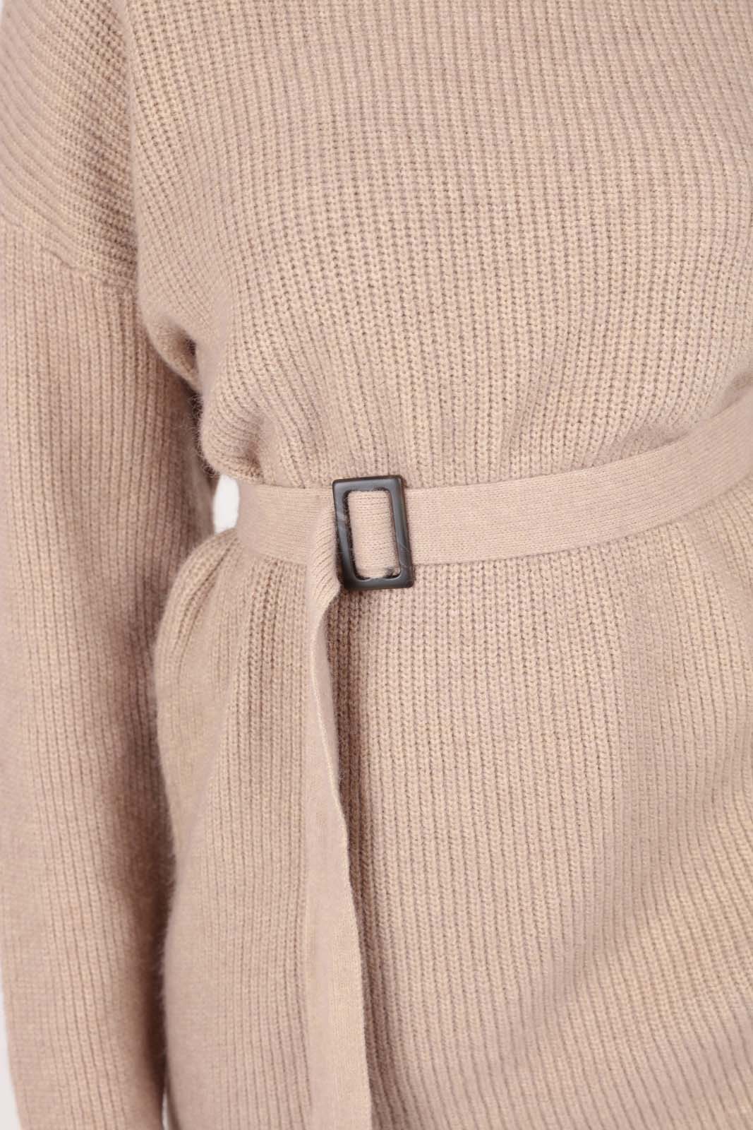 Beige wool blend belted oversized jumper_5