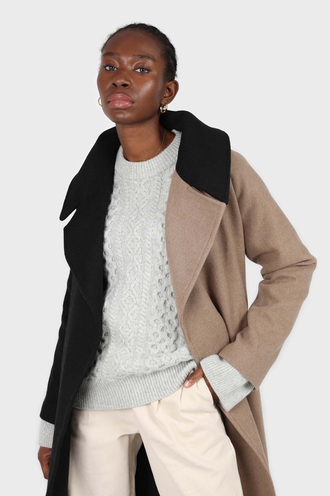Beige and black wool blend contrast panel belted coat_6