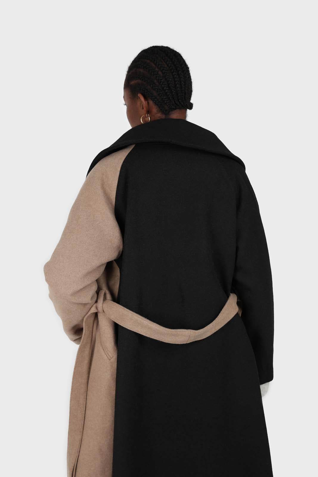 Beige and black wool blend contrast panel belted coat_7