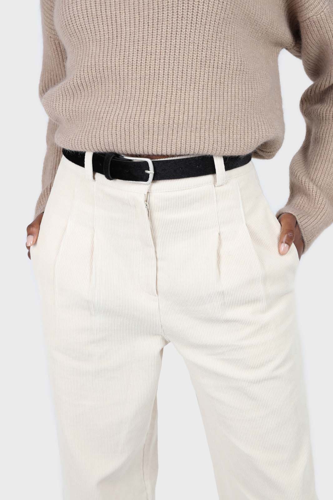Ivory corduroy tucked loose fit trousers - 2010_2