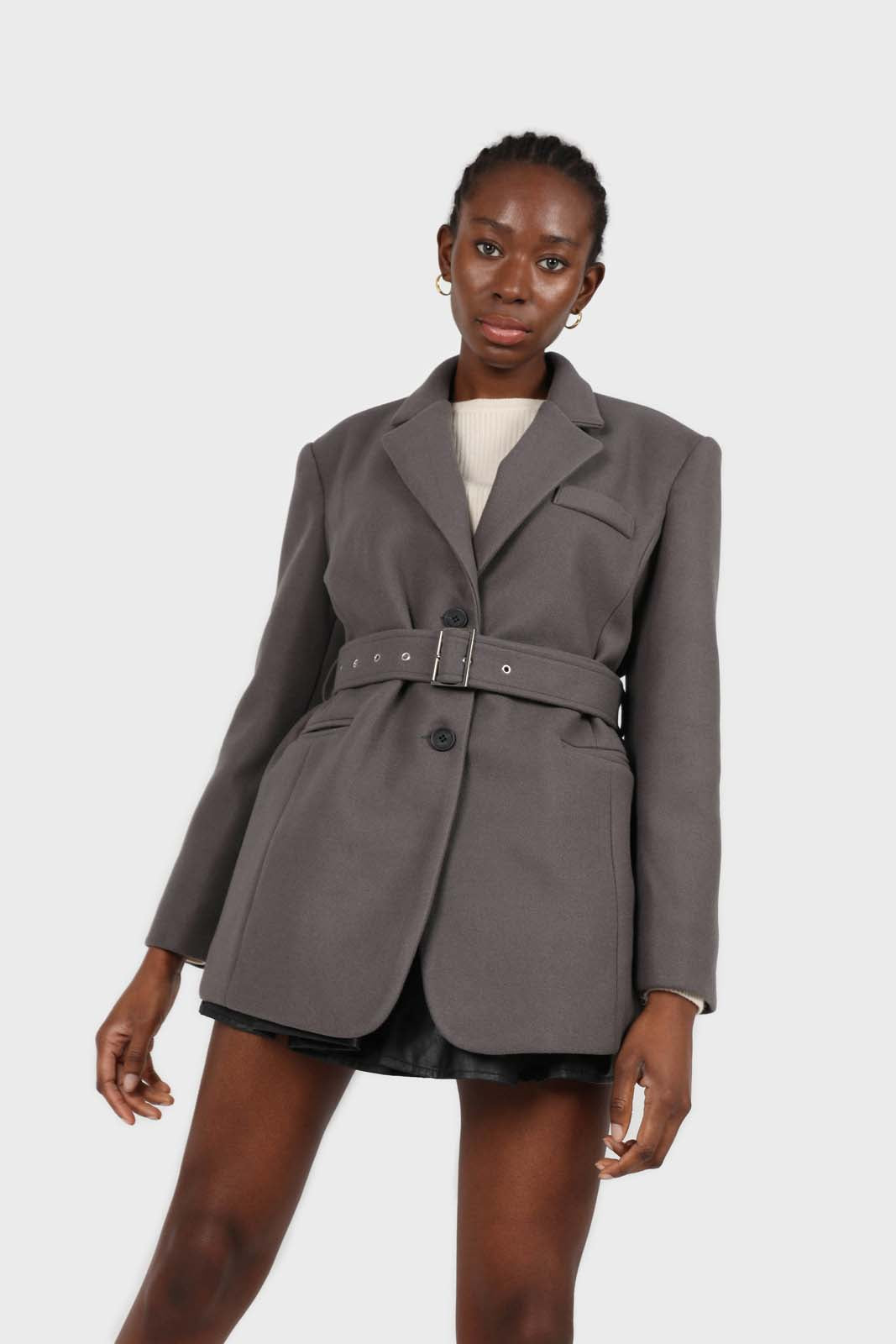 Charcoal wool blend oversized belted blazer_2