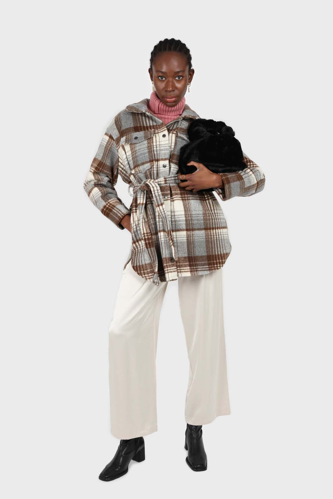 Brown and grey plaid wool blend belted shirt jacket_1