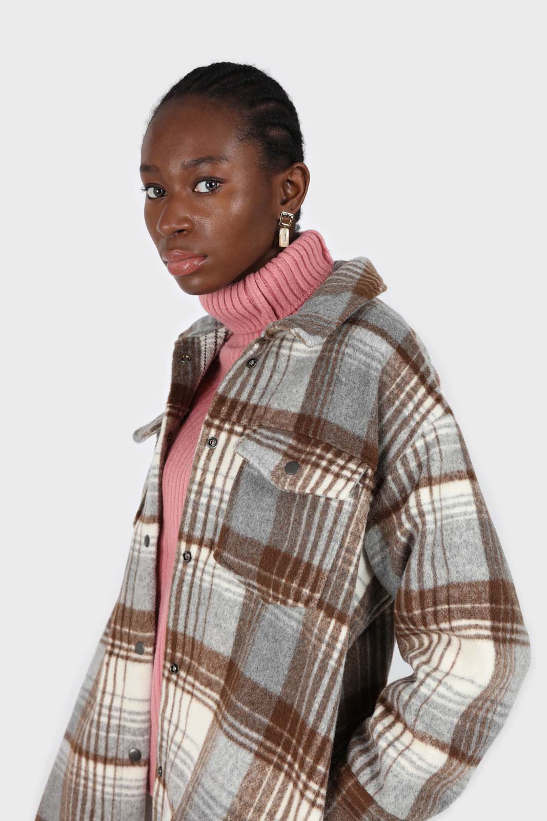 Brown and grey plaid wool blend belted shirt jacket_4