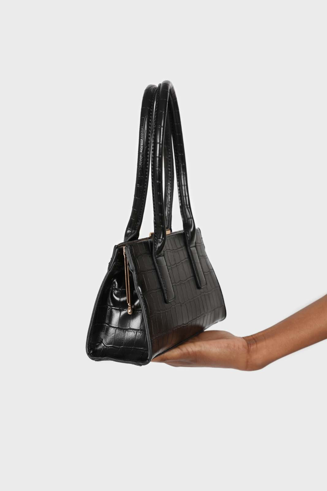 Black vegan croc skin mini crossbody handbag_2