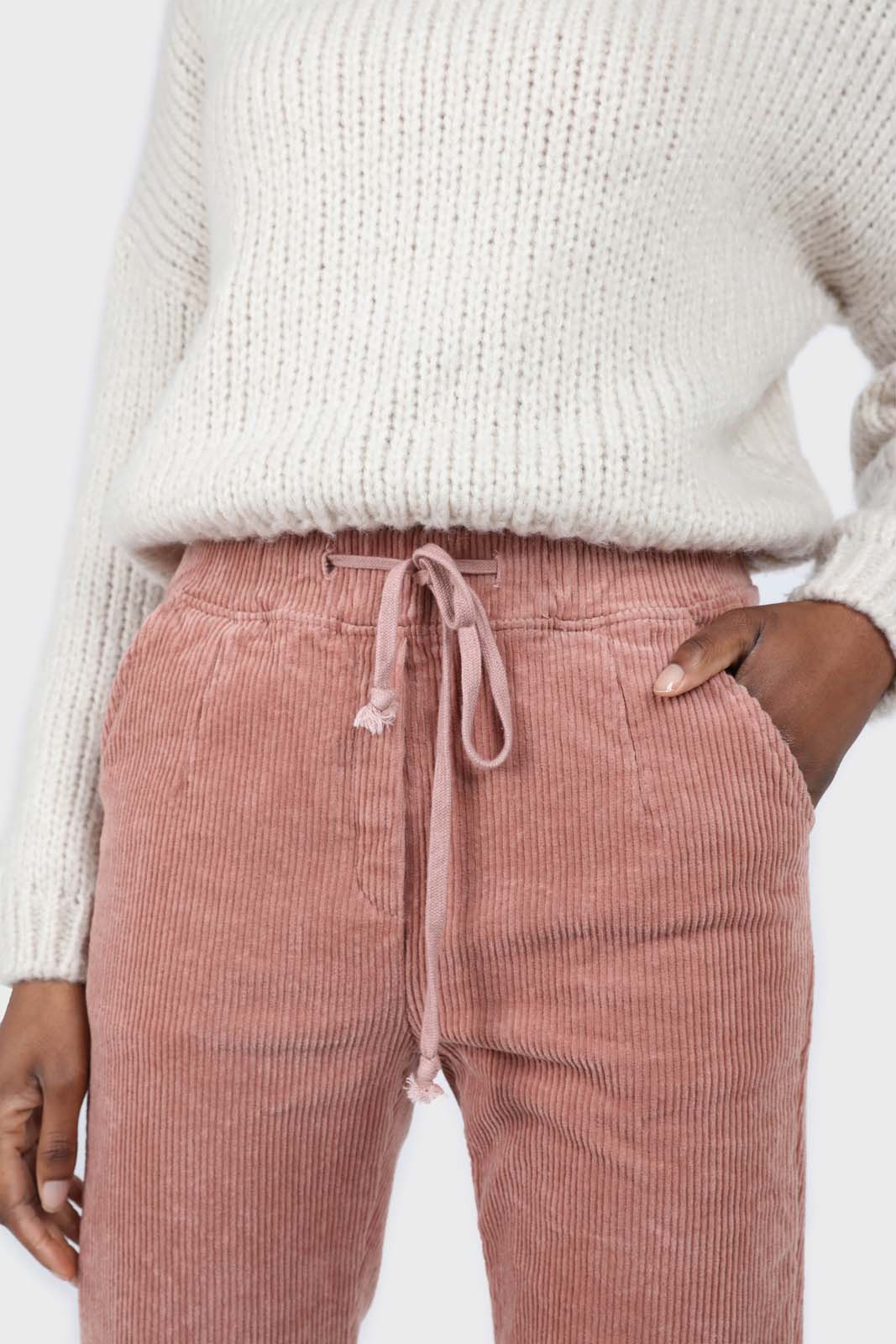 Pale pink corduroy drawstring loose fit trousers_3