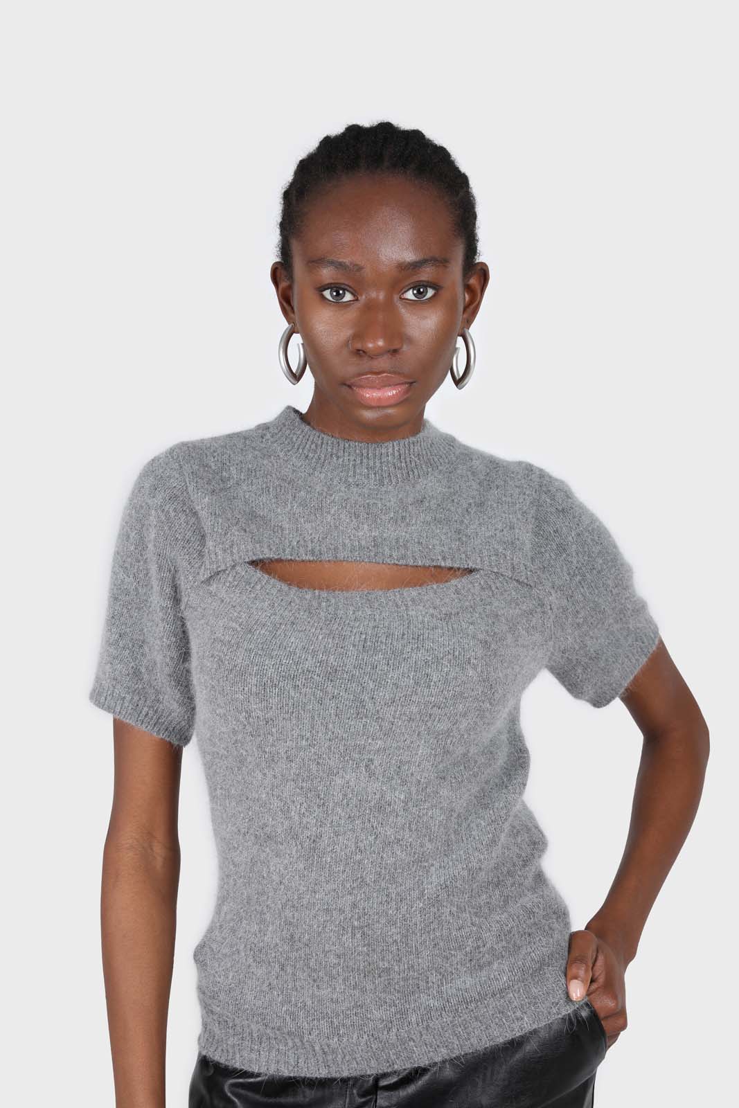 Charcoal peek chest angora wool blend knit top_1
