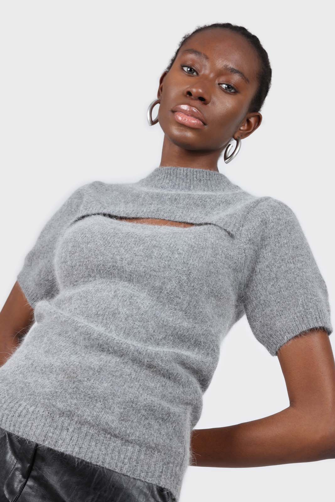 Charcoal peek chest angora wool blend knit top_2