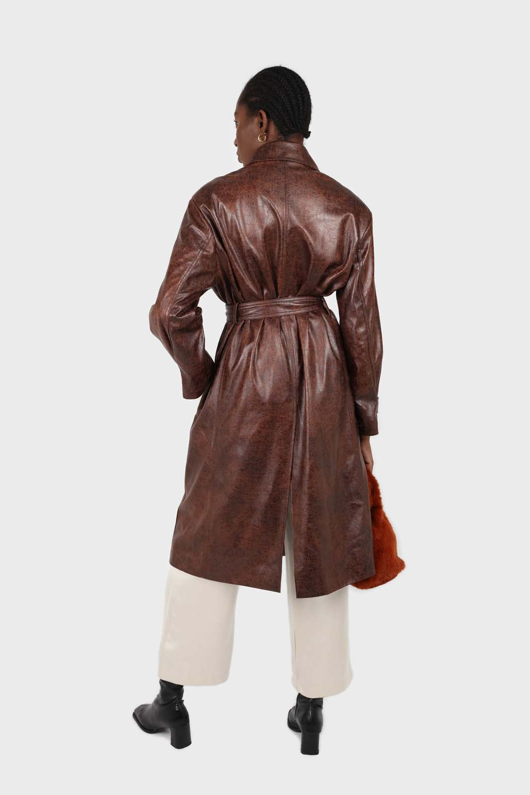 Brown cracked vegan leather belted coat_2