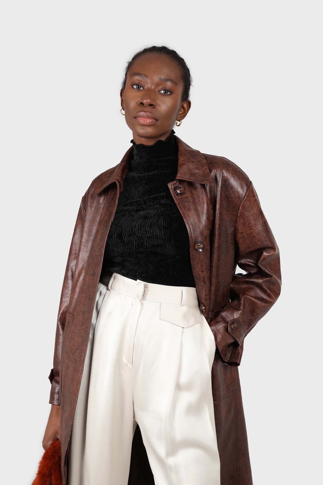 Brown cracked vegan leather belted coat_5