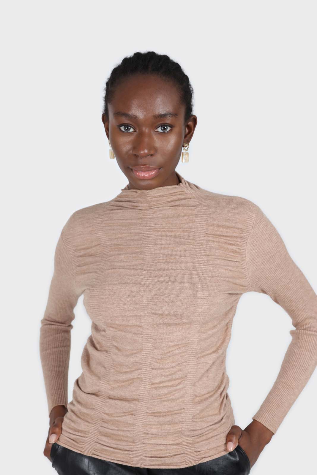 Dark beige wrinkle tier mock neck knit top_1