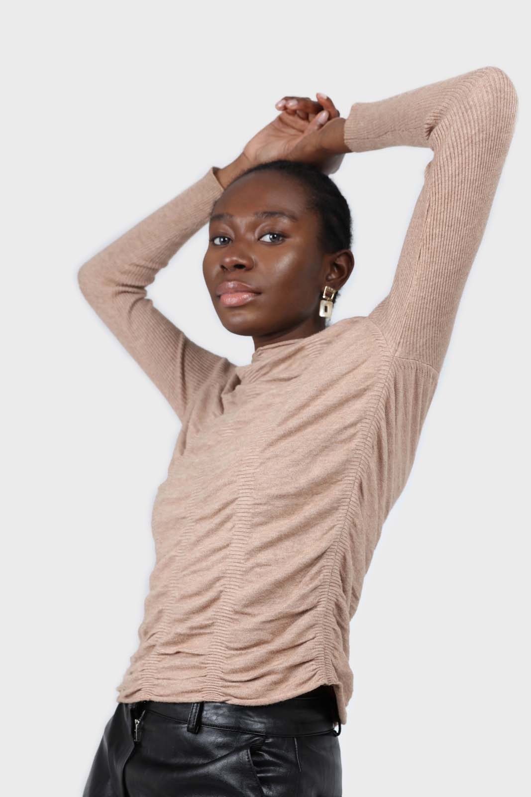 Dark beige wrinkle tier mock neck knit top_2