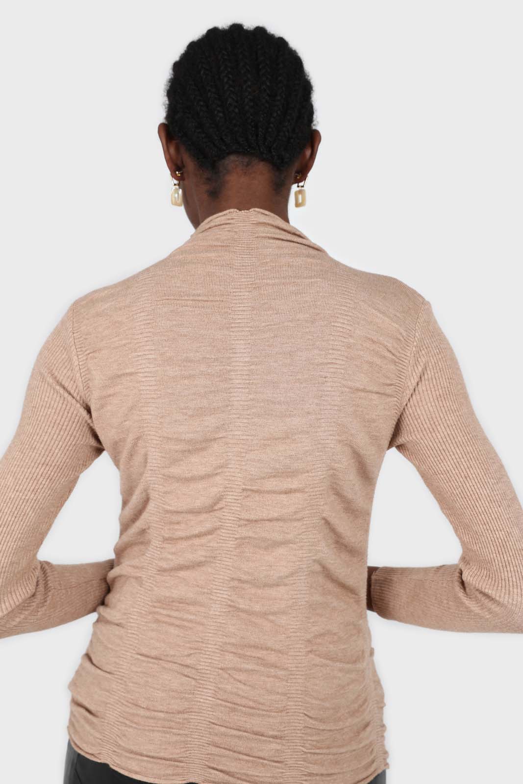 Dark beige wrinkle tier mock neck knit top_6