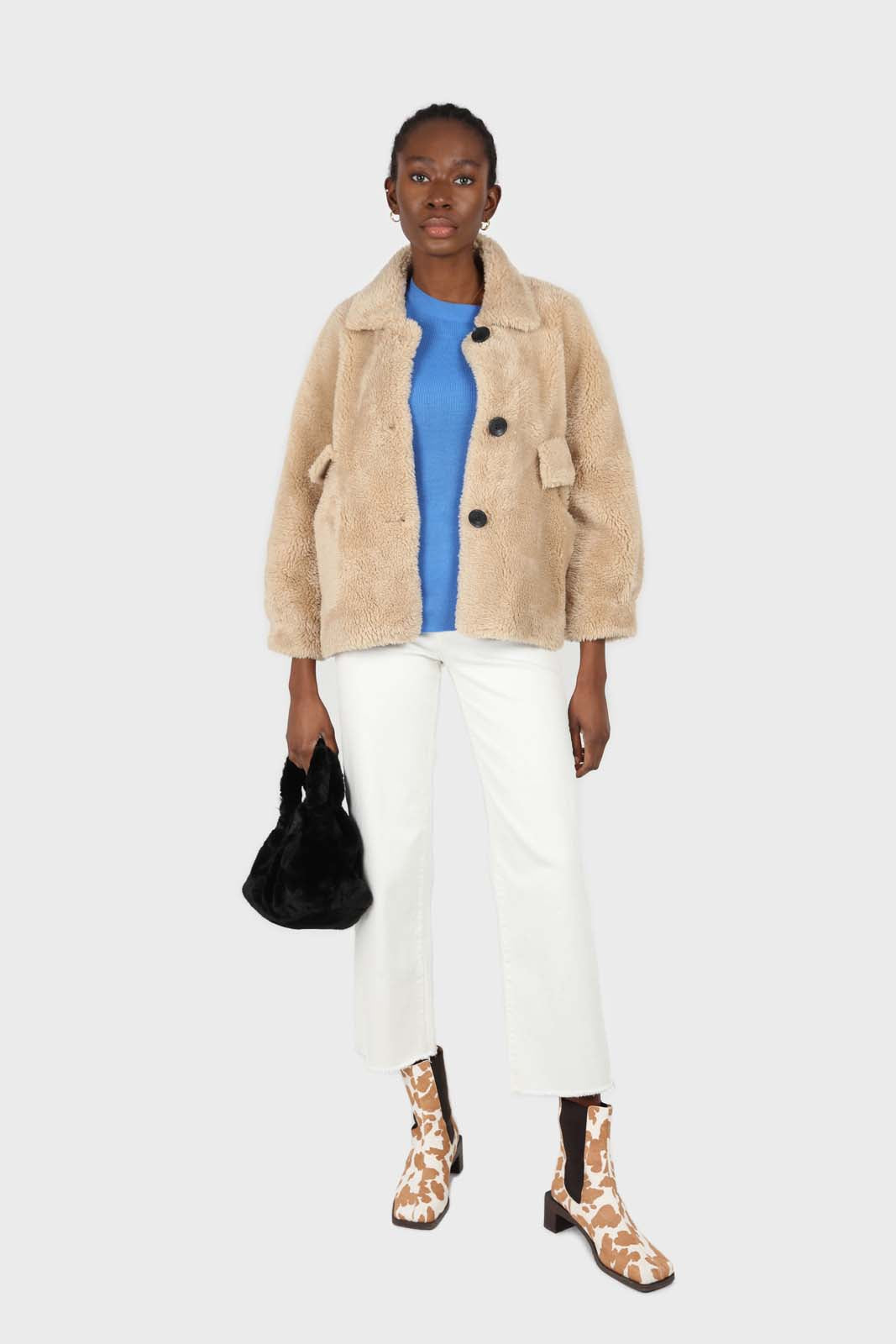 Beige large collar button up teddy jacket_1