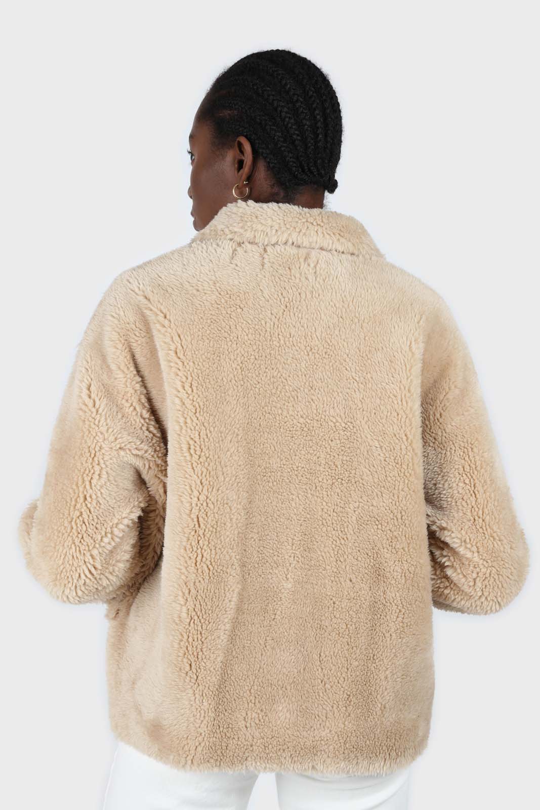 Beige large collar button up teddy jacket_2