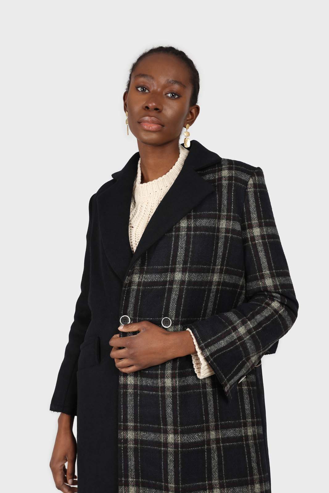 Navy contrast checked panel wool blend coat_2