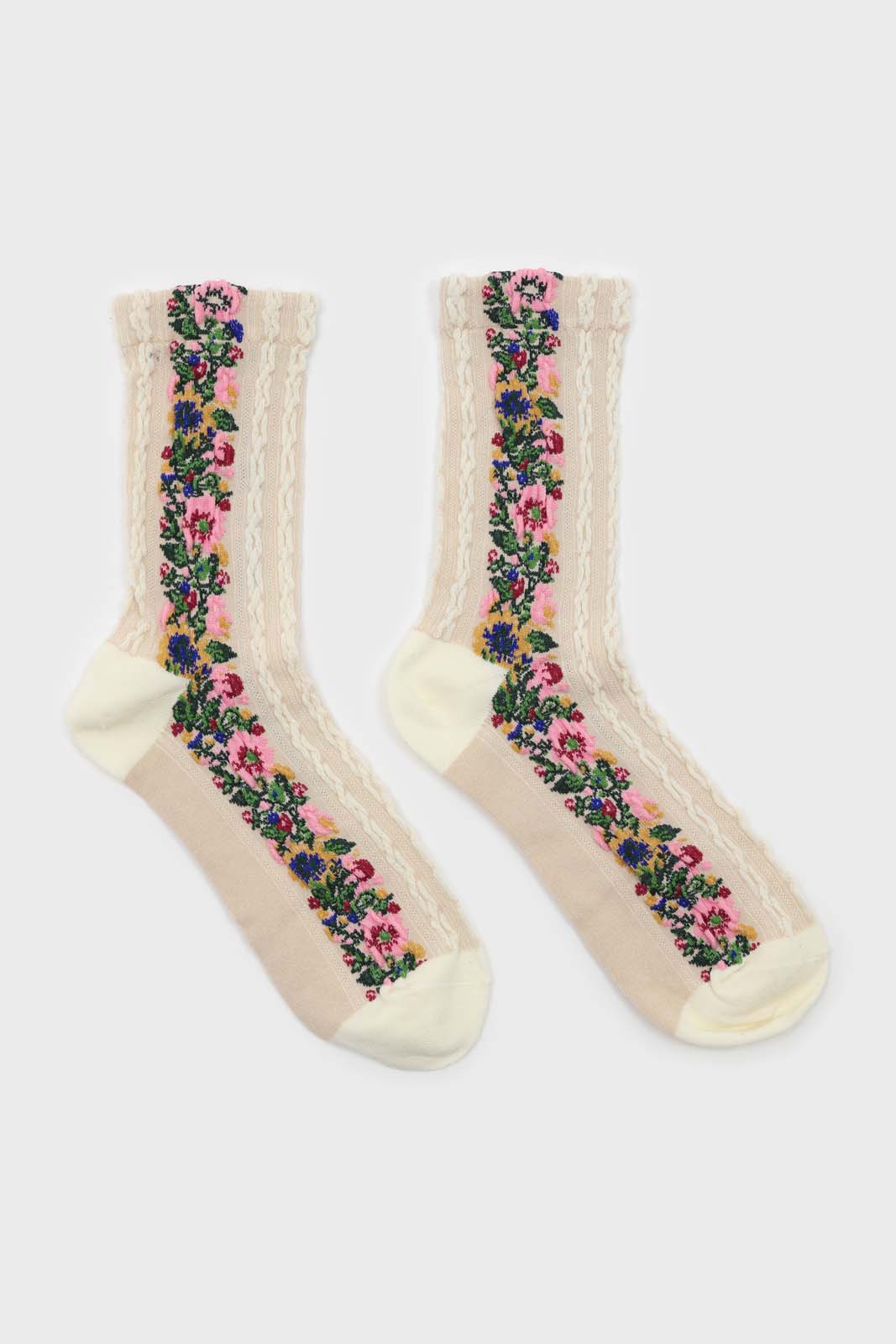 White textured floral strip socks_5