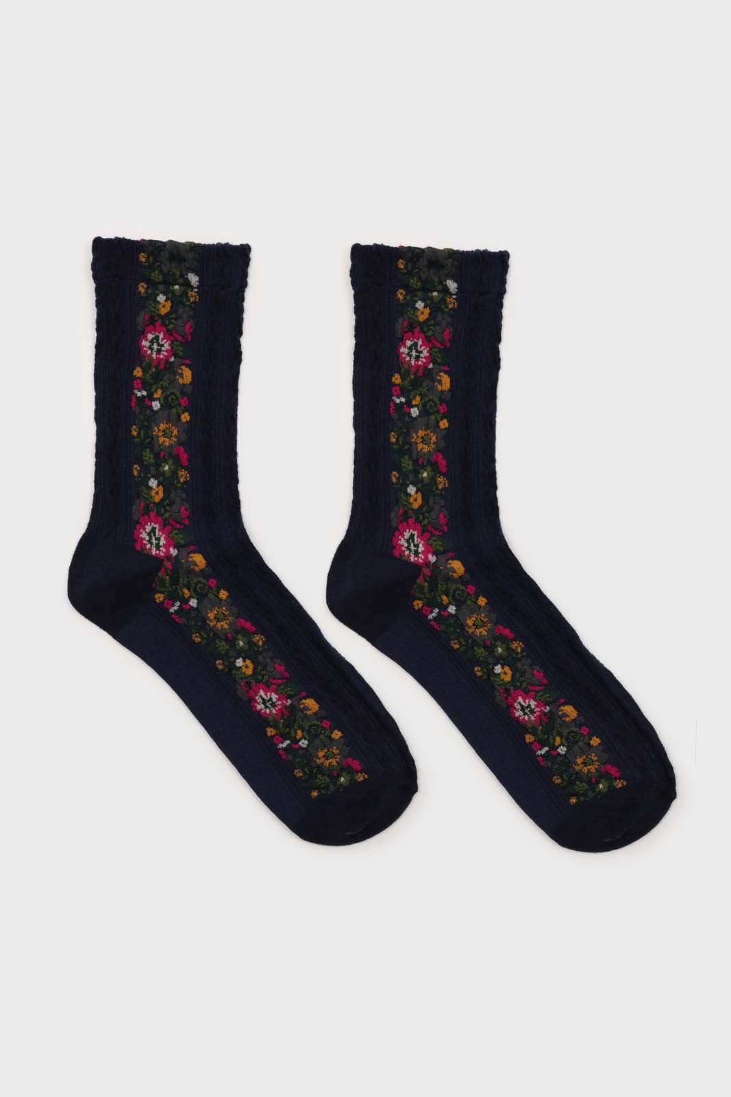Navy blue textured floral strip socks_5