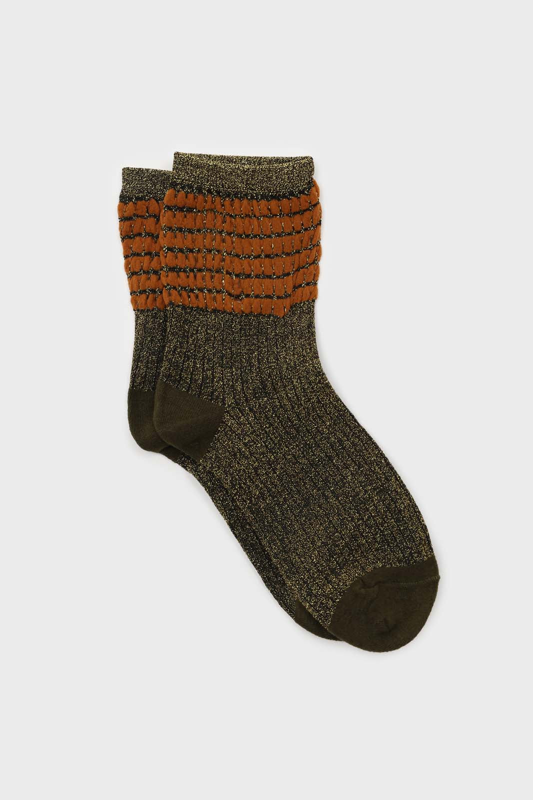 Khaki ribbed glitter puffed ankle socks_1