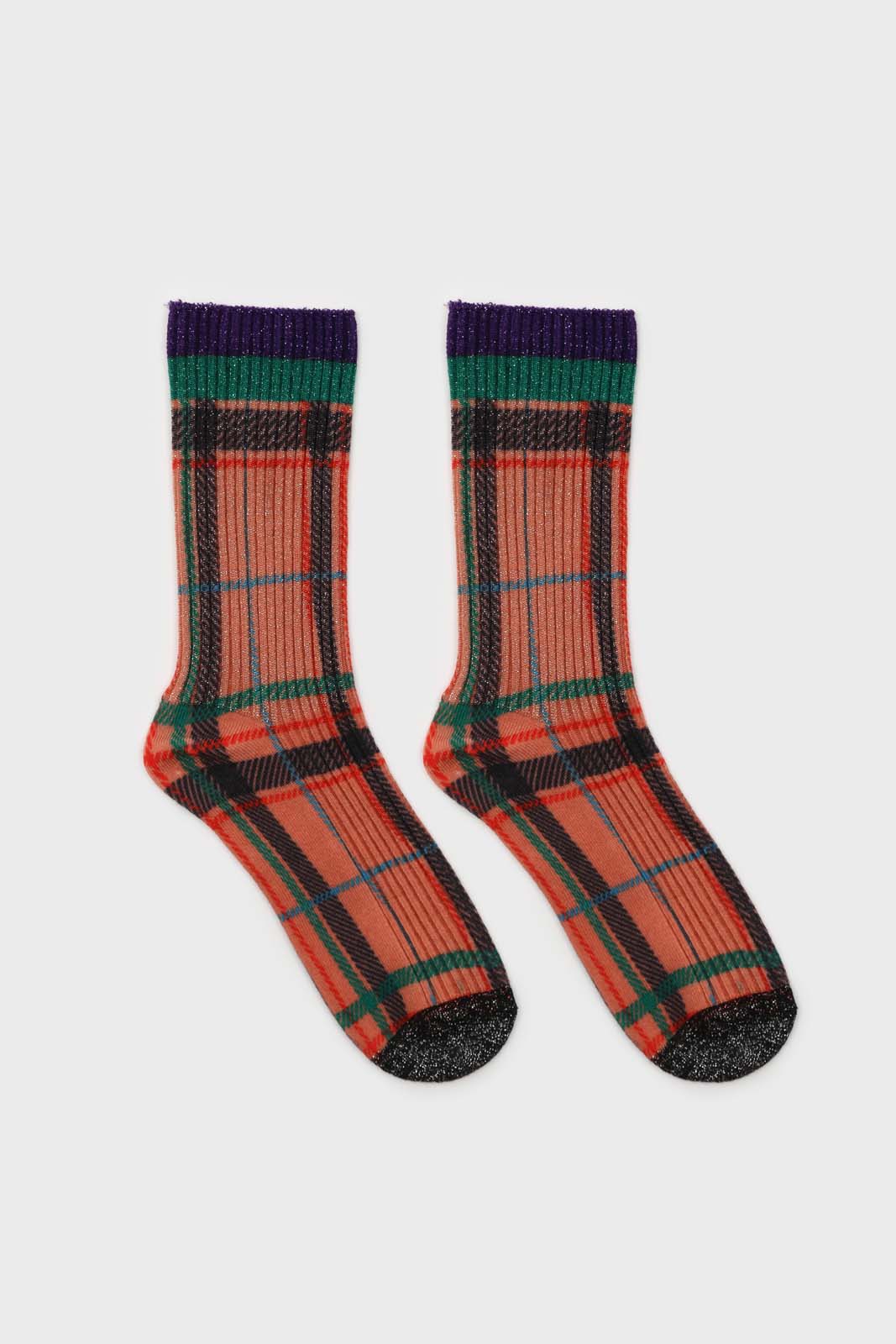 Orange and green metallic checked socks_4