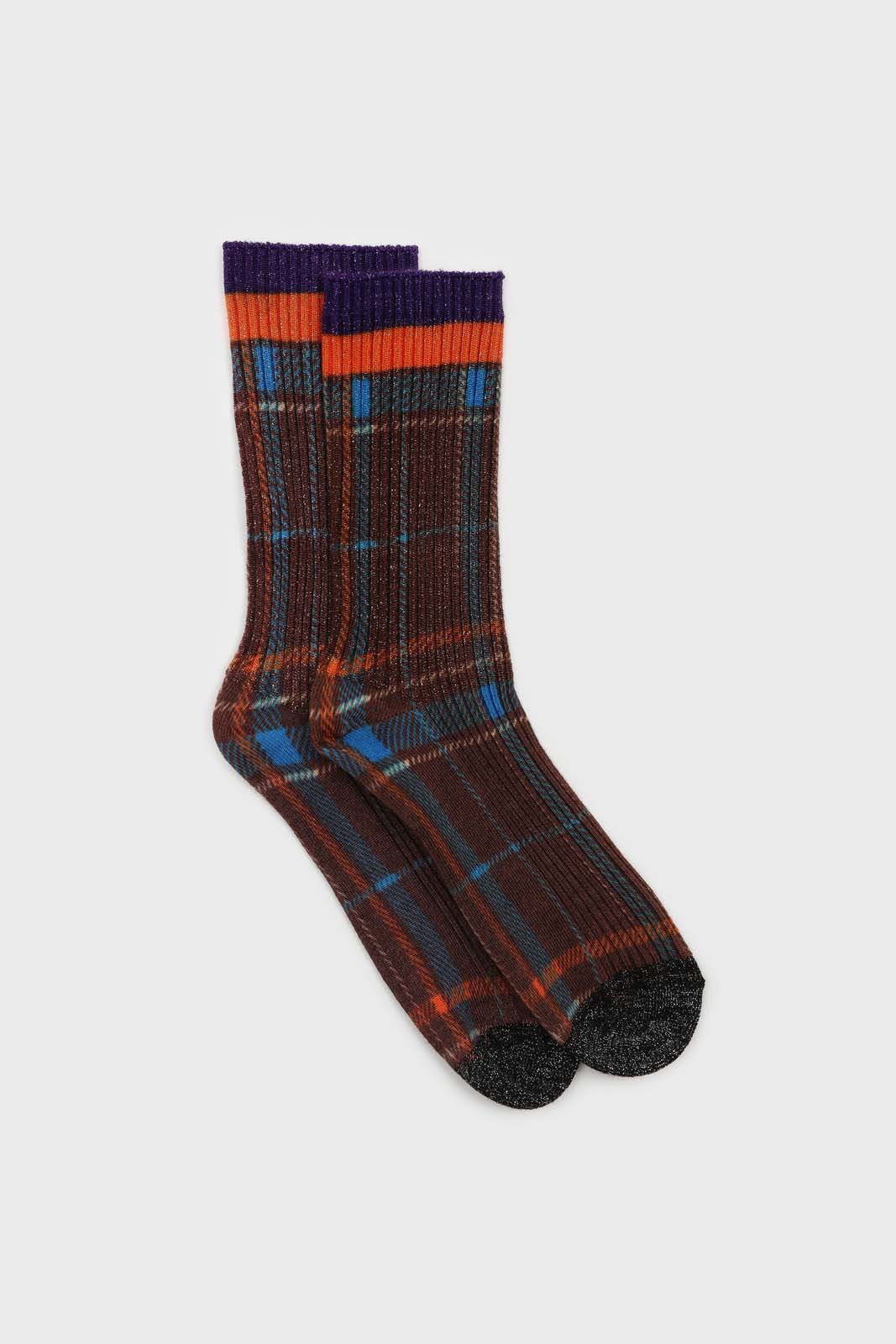 Brown and orange metallic checked socks_1