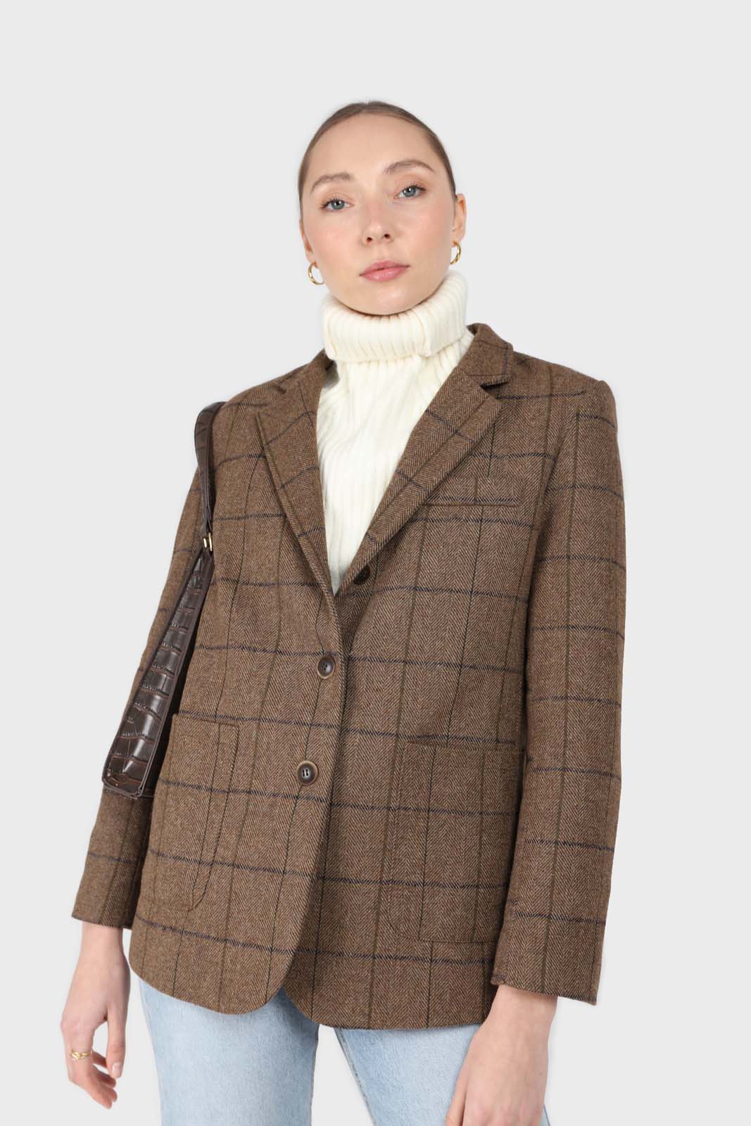 Beige checked wool blend patch pocket blazer_1