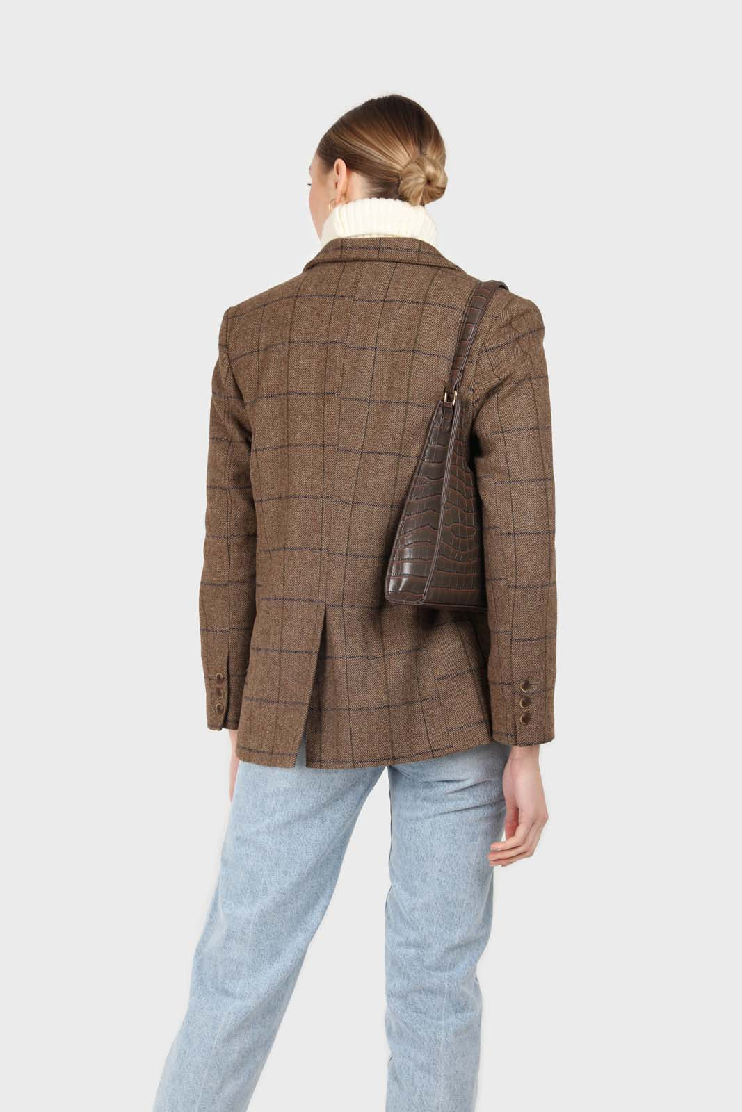 Beige checked wool blend patch pocket blazer_5