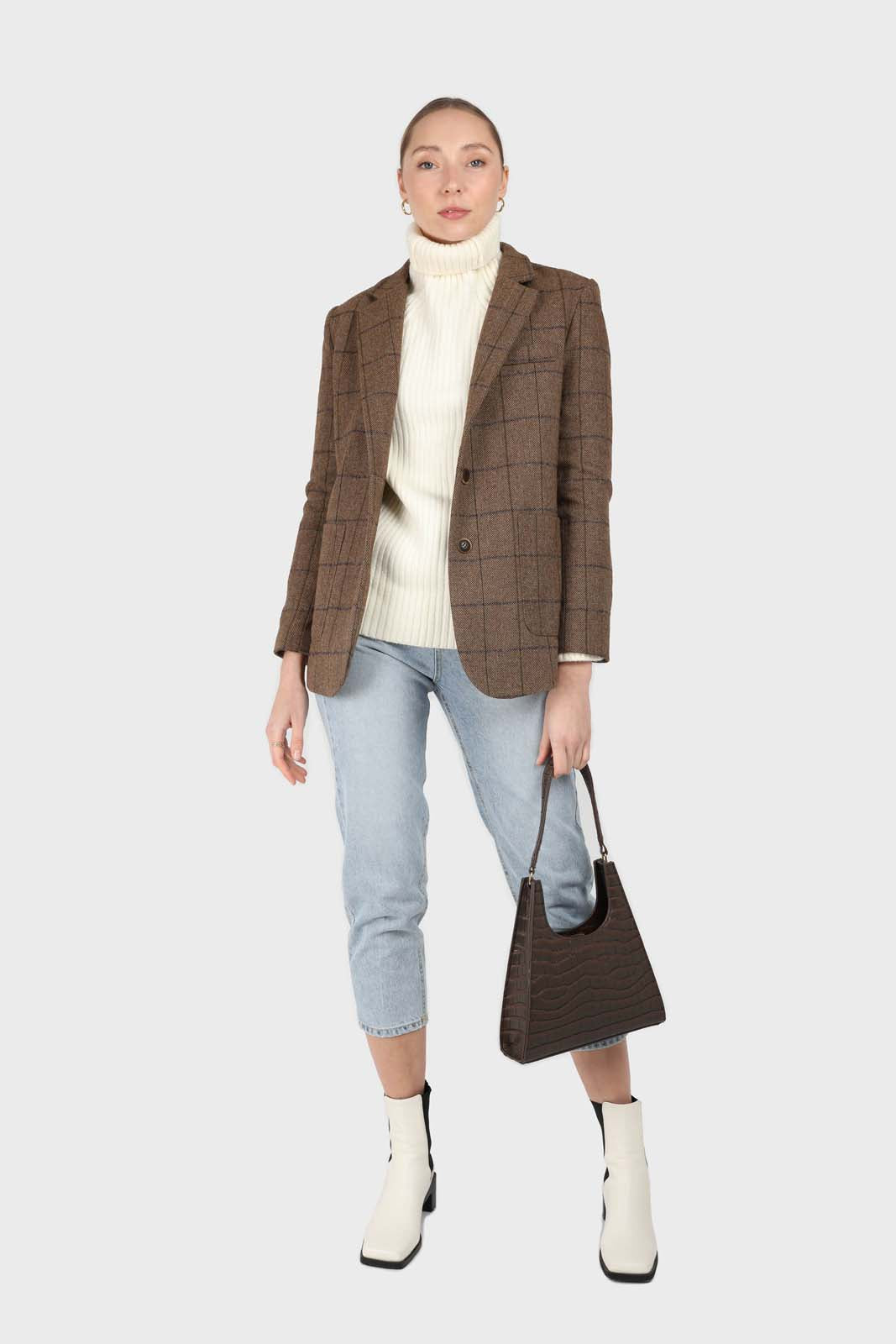 Beige checked wool blend patch pocket blazer_4