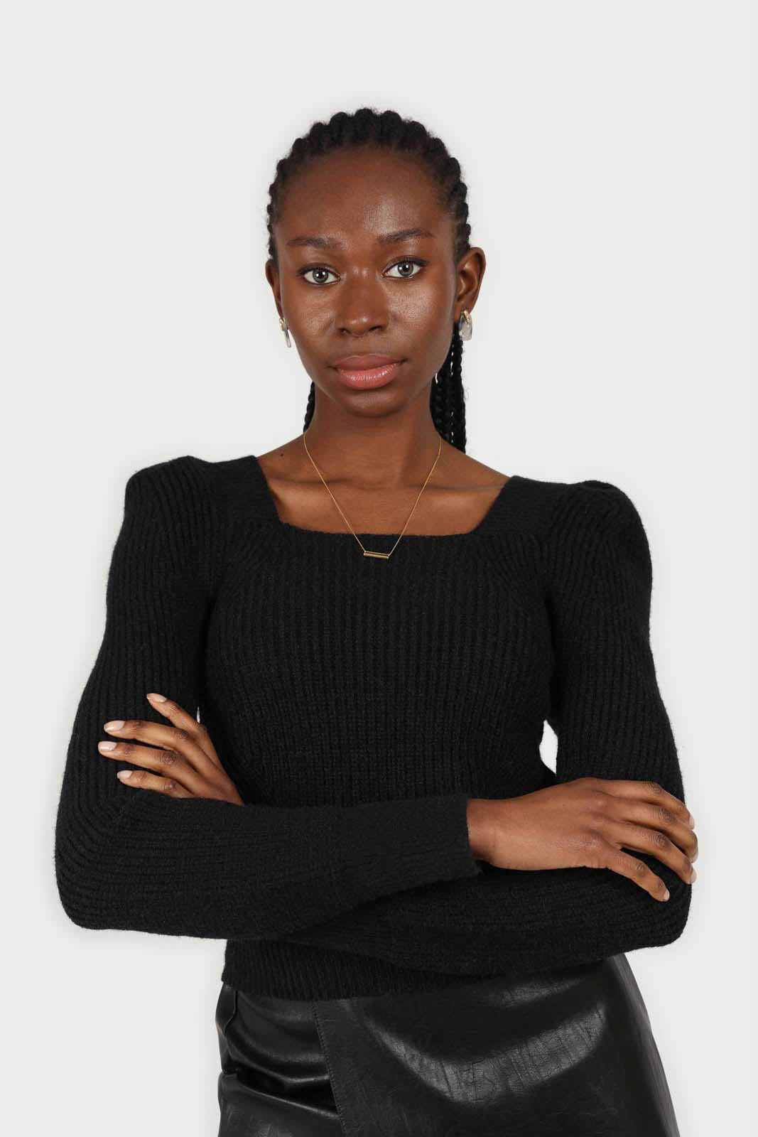 Black puff sleeved square neck knit top_2