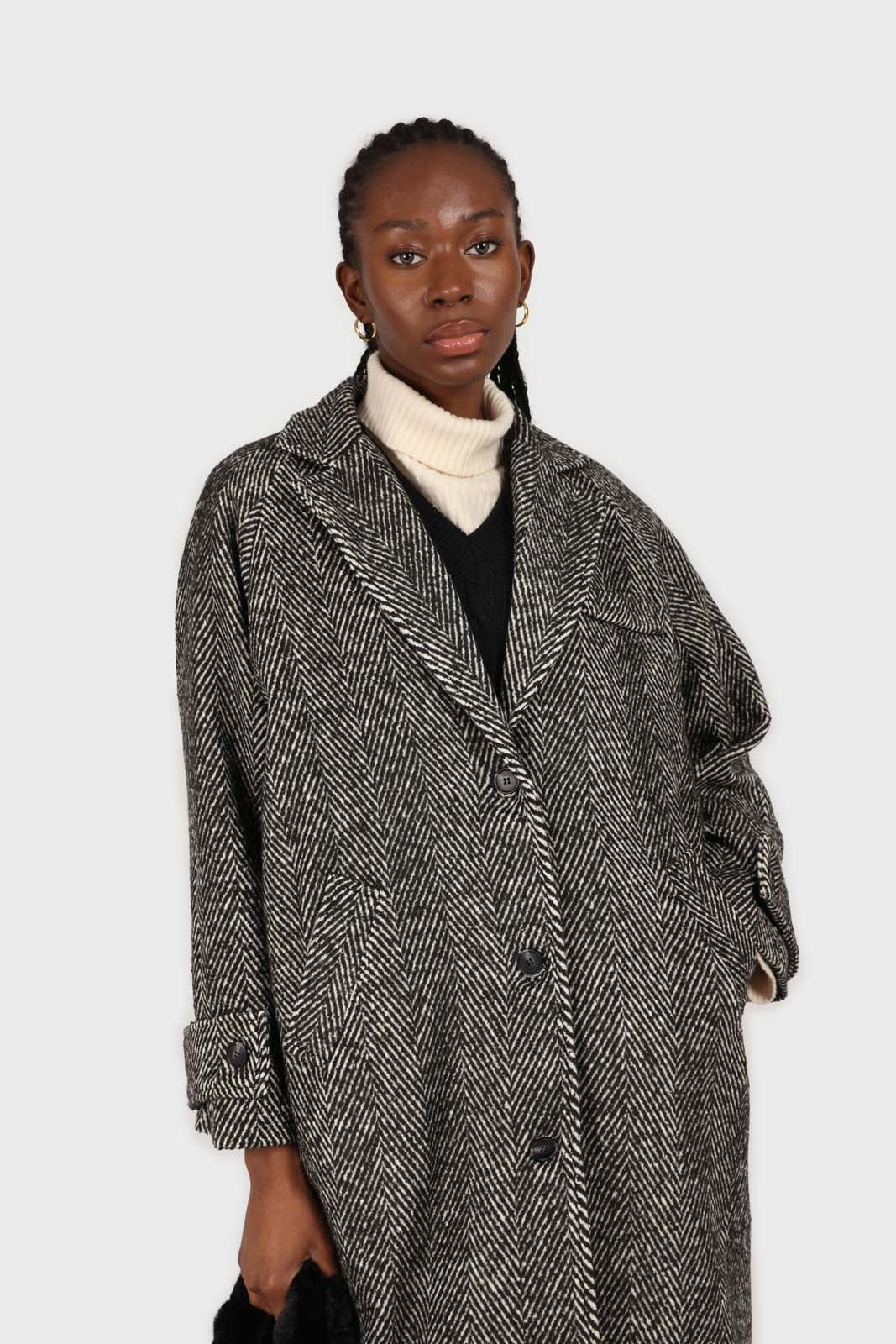 Black and white herringbone wool blend coat_2