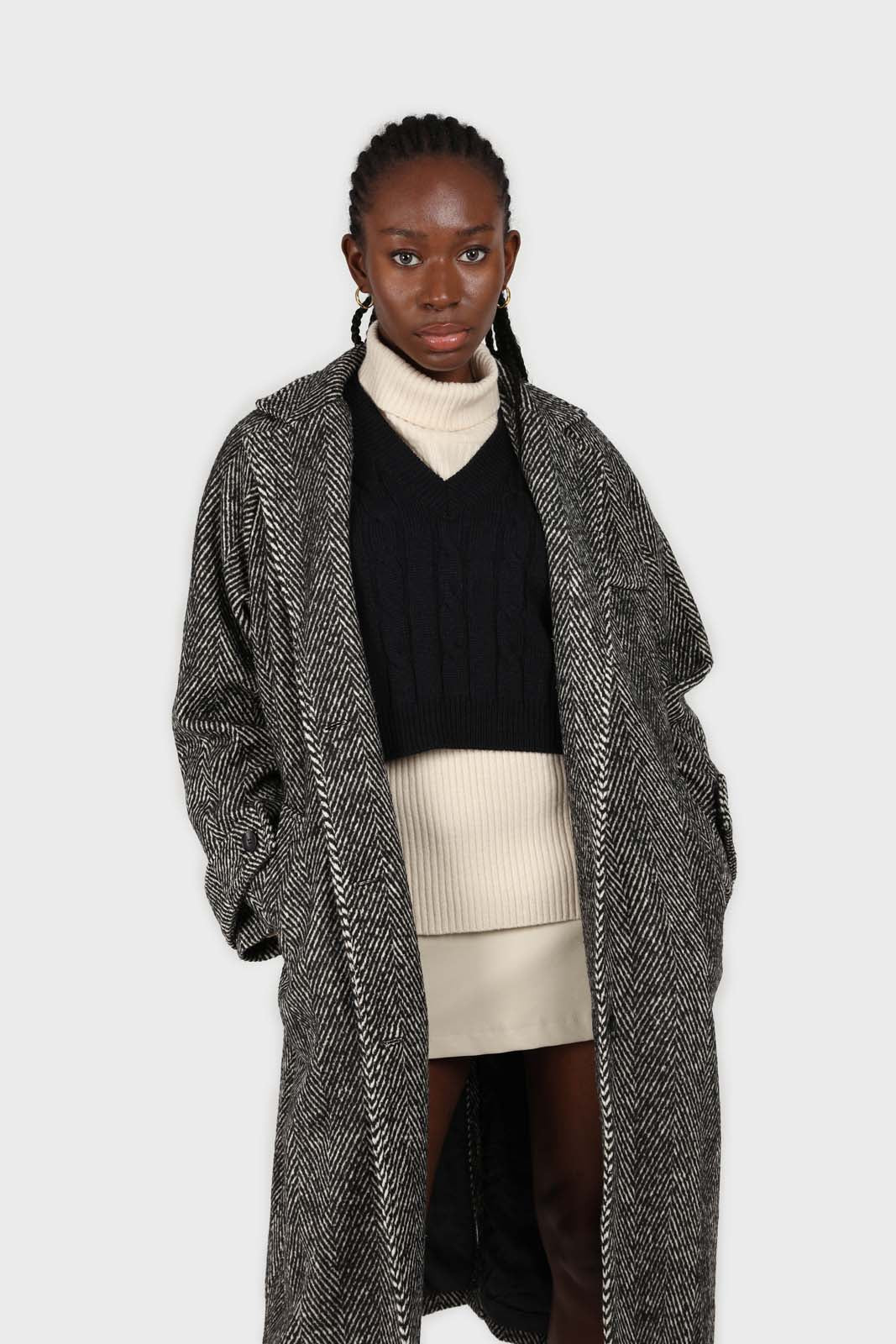 Black and white herringbone wool blend coat_5