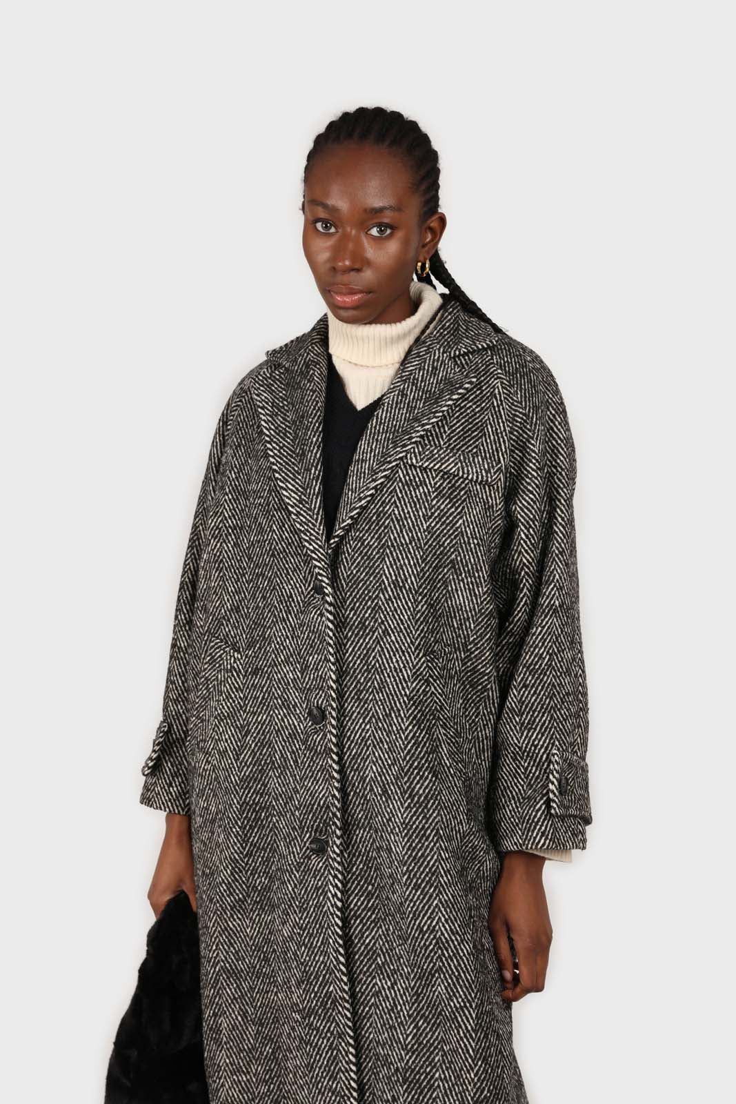 Black and white herringbone wool blend coat_4