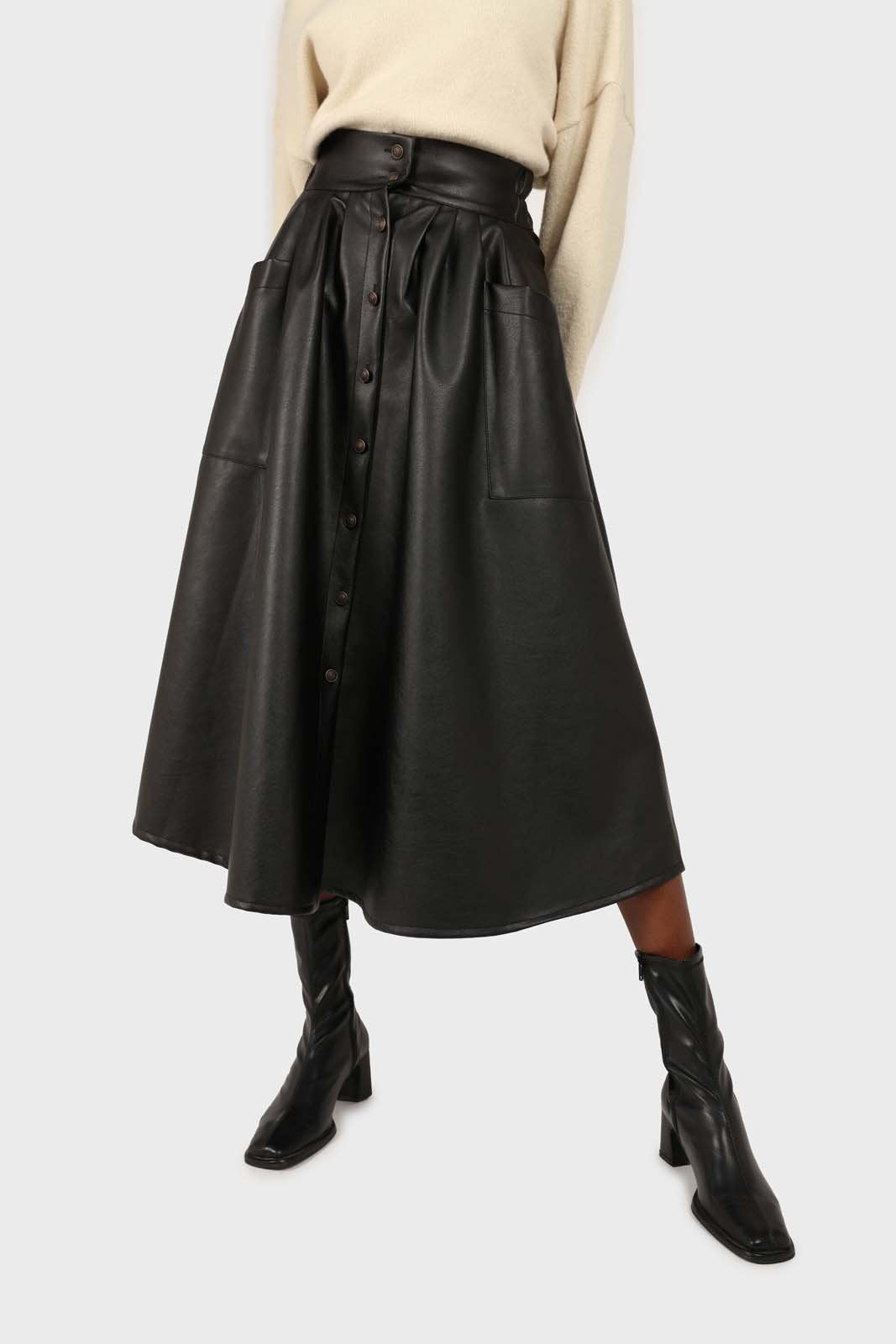 Black vegan leather button front skirt_1