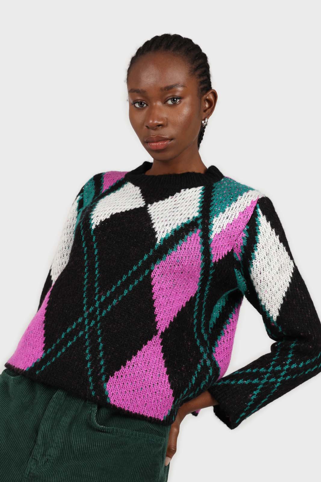 Black and purple diamond intarsia knit jumper_1