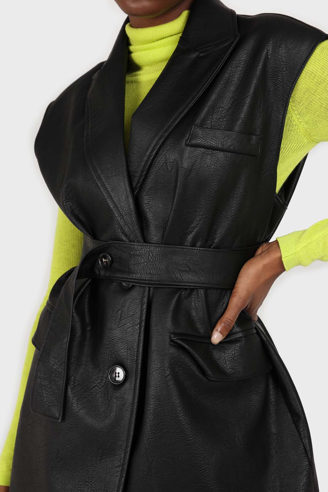 Black vegan leather belted gilet_1
