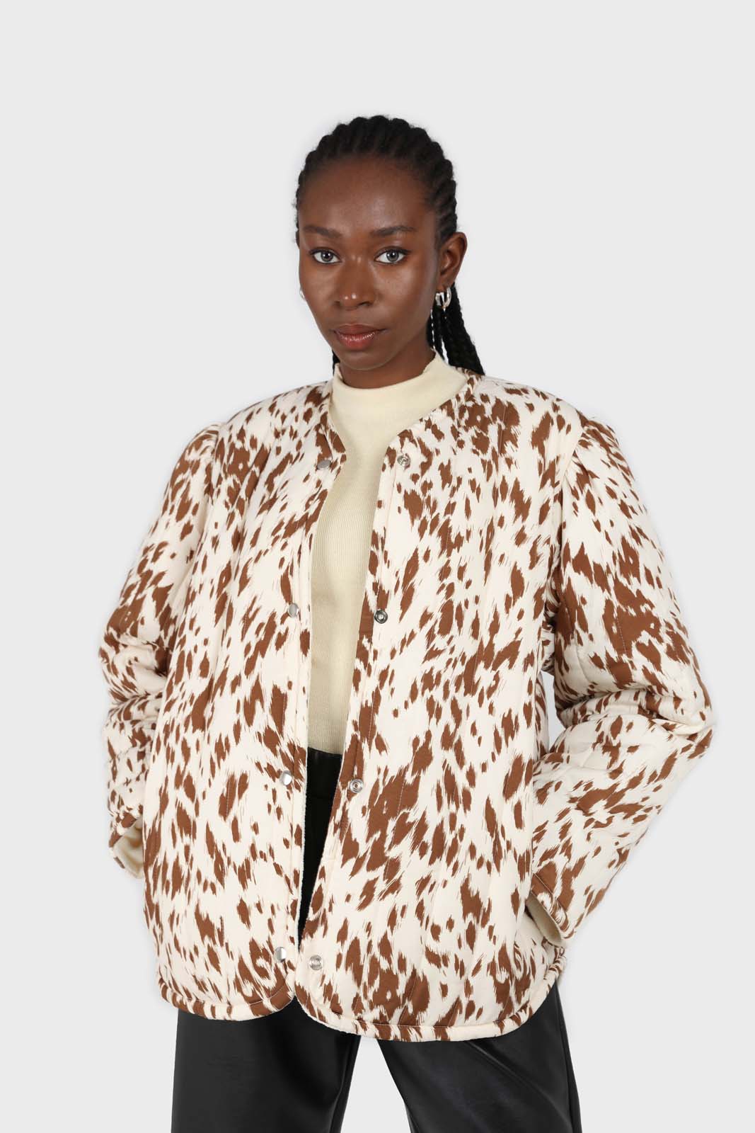 Ivory and brown animal print quilted puffer coat_1