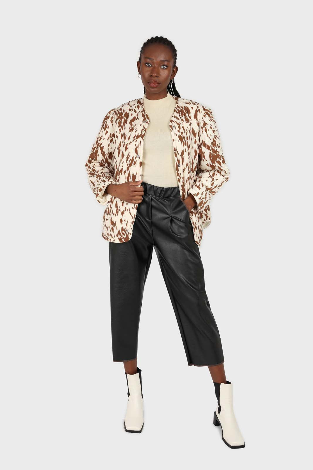 Ivory and brown animal print quilted puffer coat_2