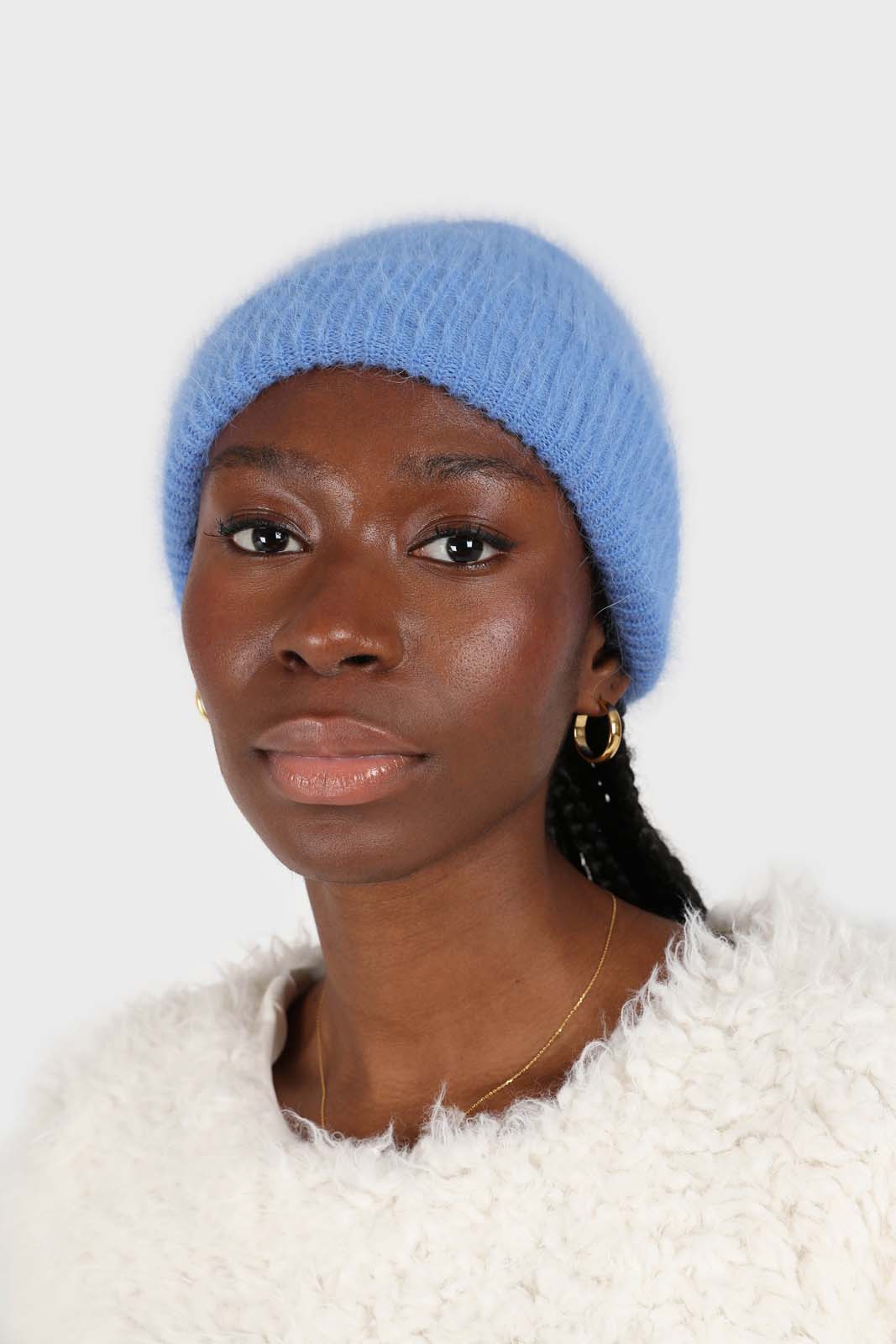 Bright blue mohair beanie hat_1