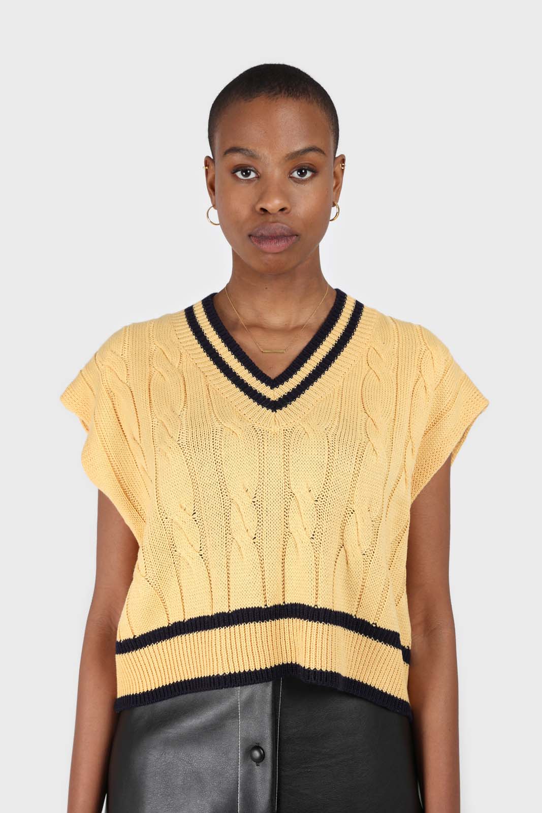 Yellow and black varsity trim cableknit vest_1