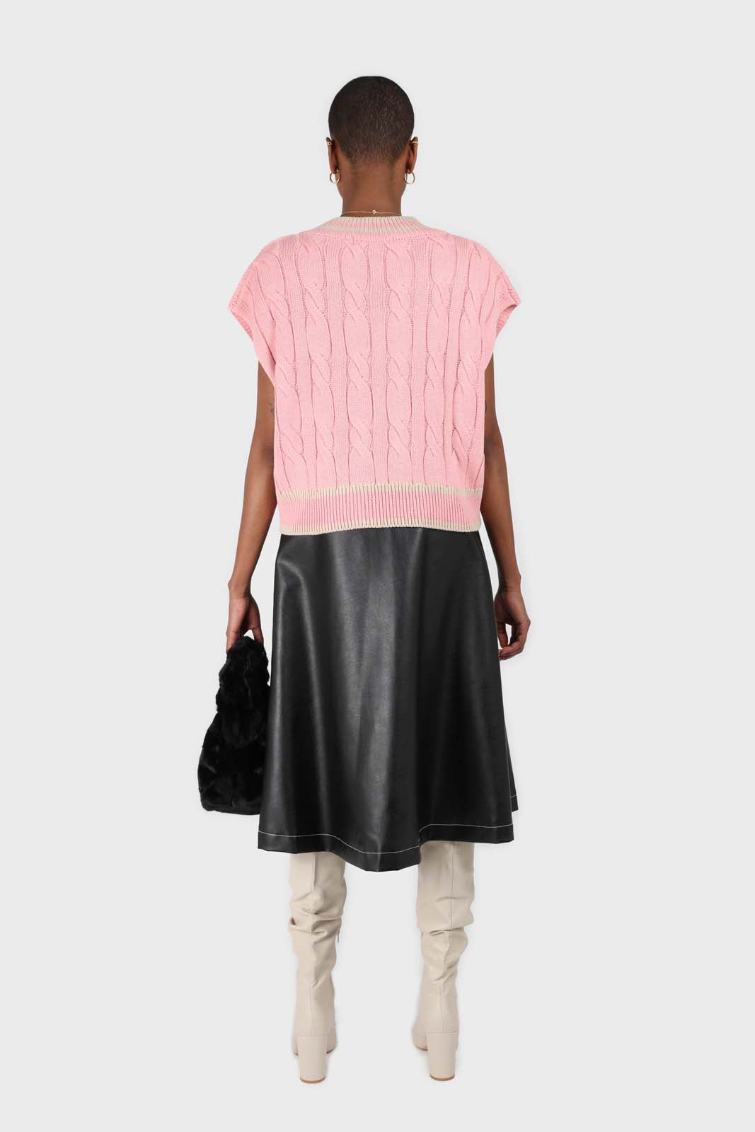 Pink and beige varsity trim cableknit vest_3