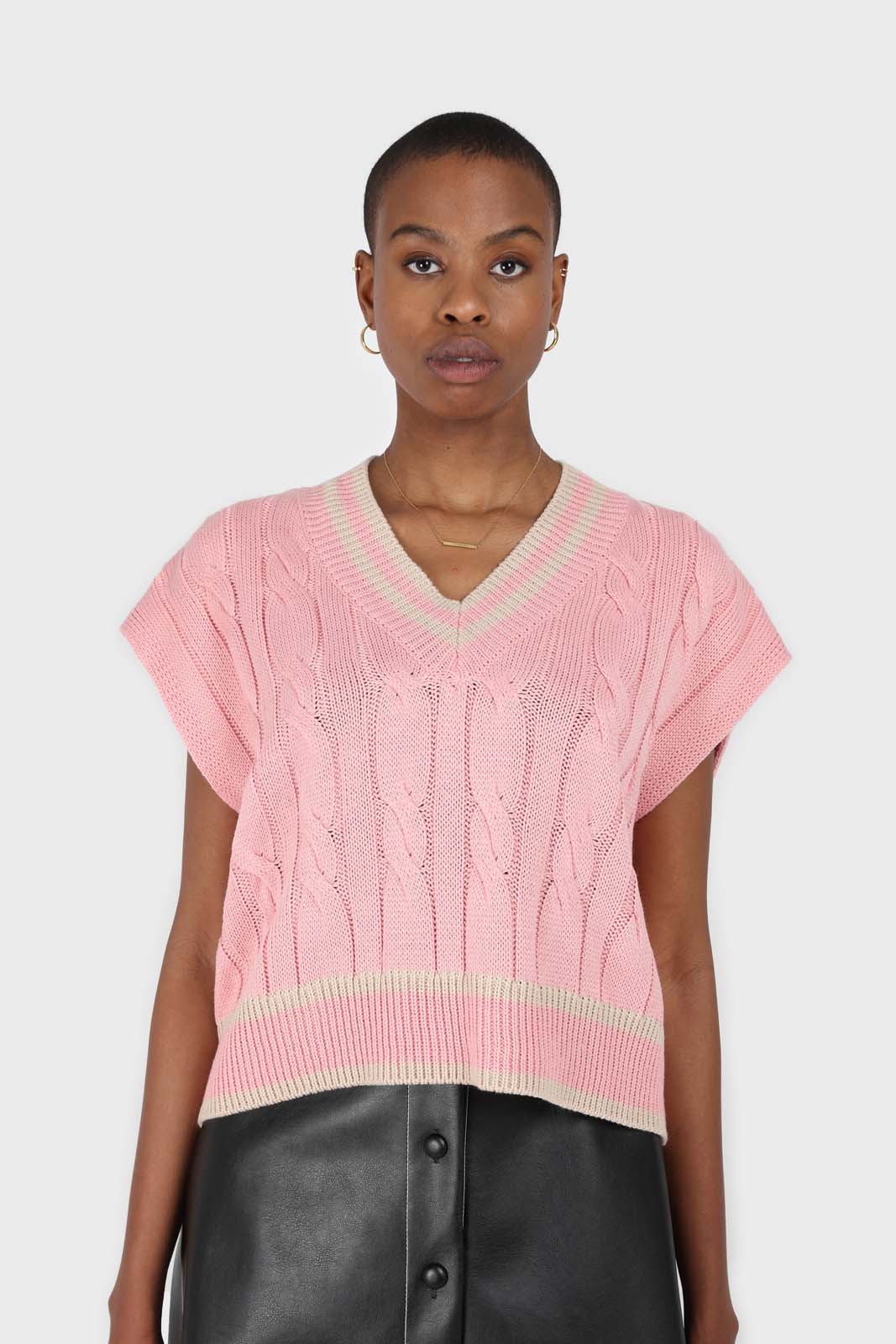 Pink and beige varsity trim cableknit vest_1
