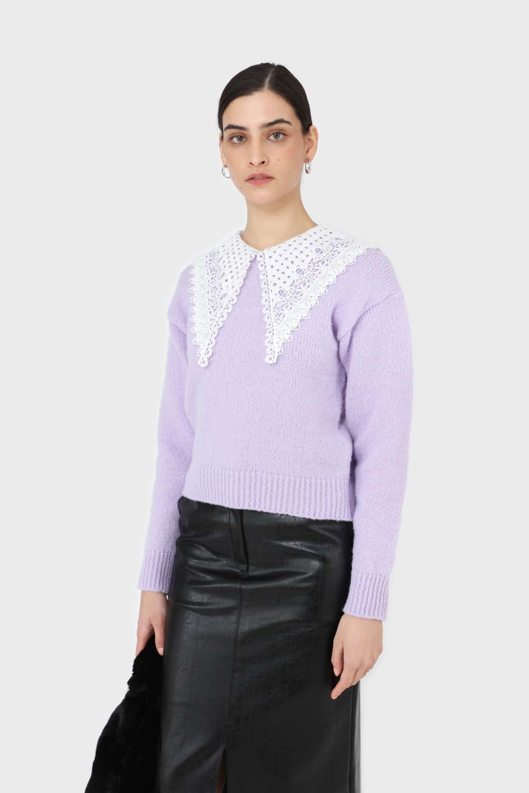 Lilac large lace collar knit top_1