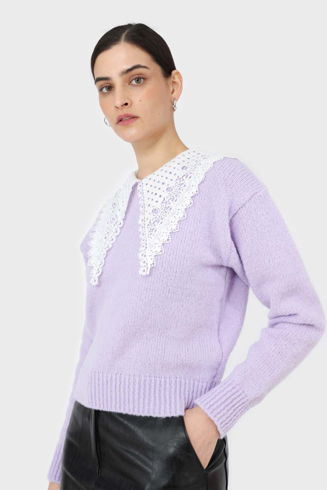 Lilac large lace collar knit top_5