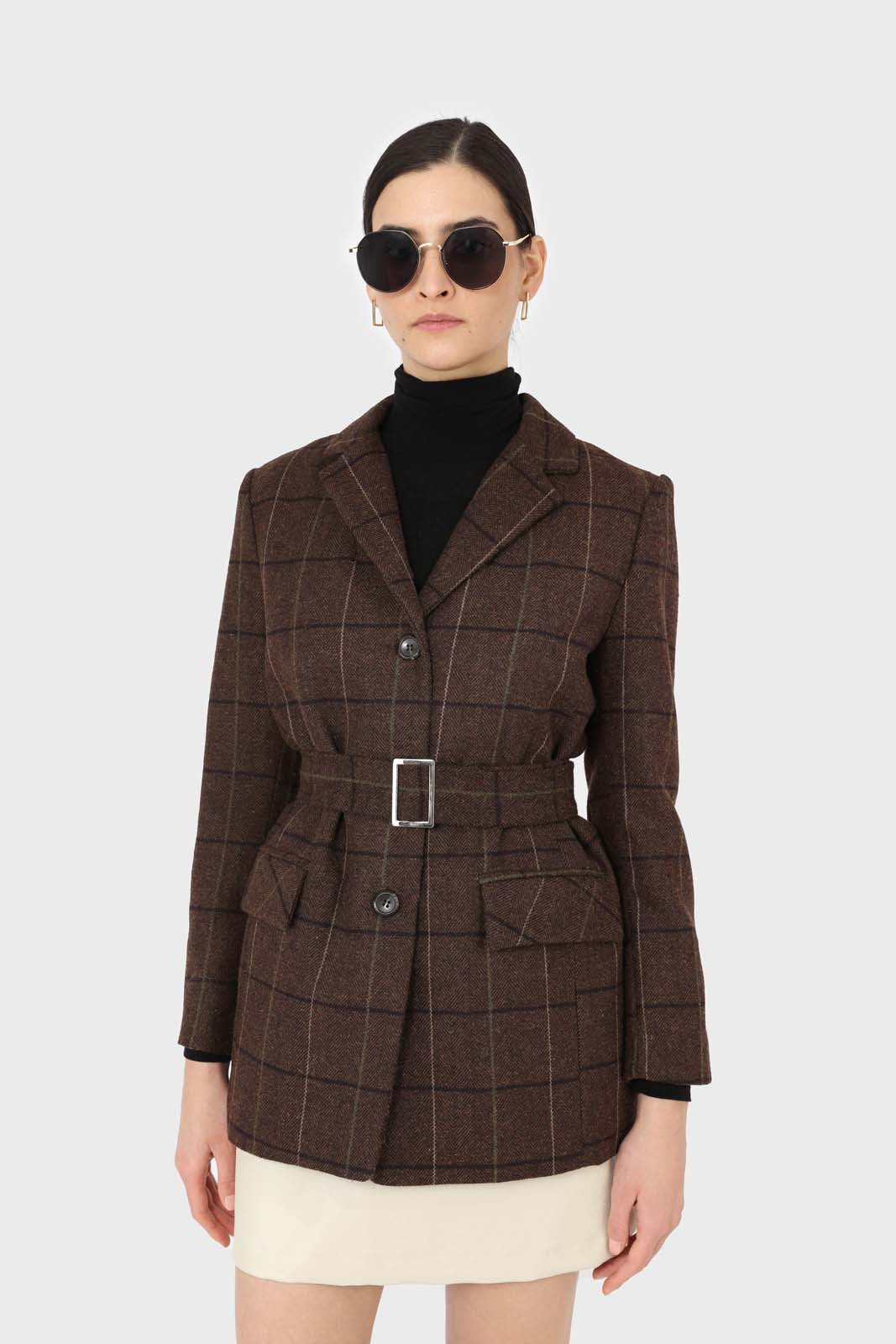 Brown checked wool blend thick belted blazer_1