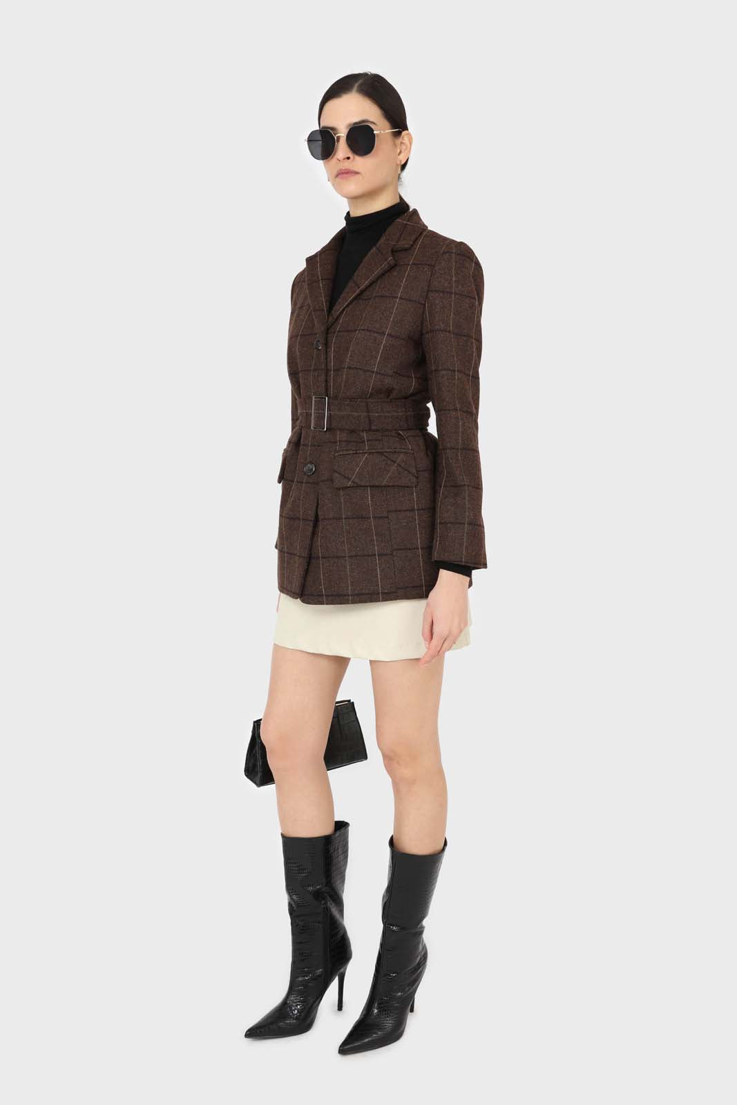 Brown checked wool blend thick belted blazer_3