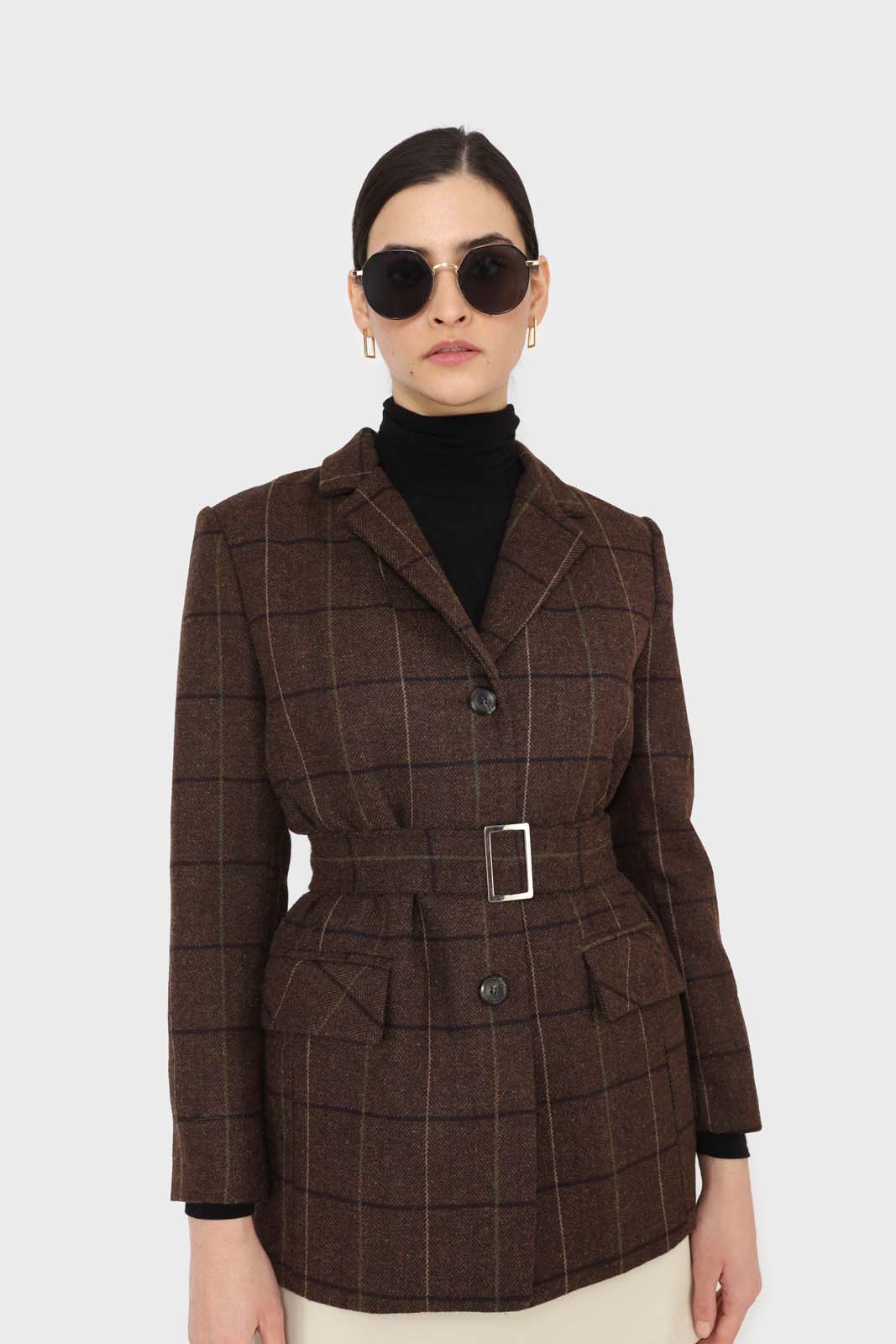 Brown checked wool blend thick belted blazer_4